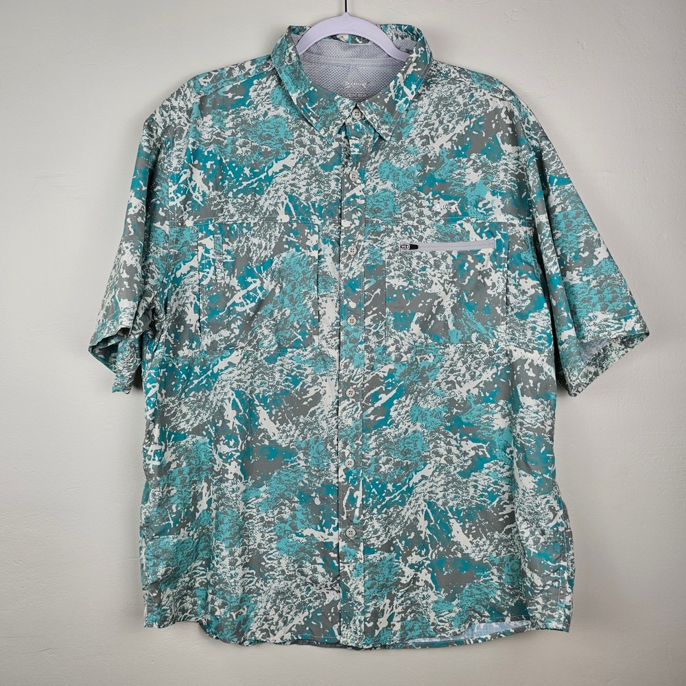Silver Bait Fishing Shirt Men XL Teal Gray Abstract Camo Short Sleeve Vented